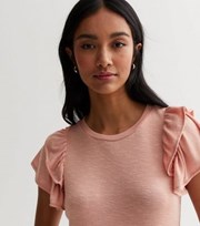 New Look Mid Pink Fine Knit Double Frill Sleeve T-Shirt